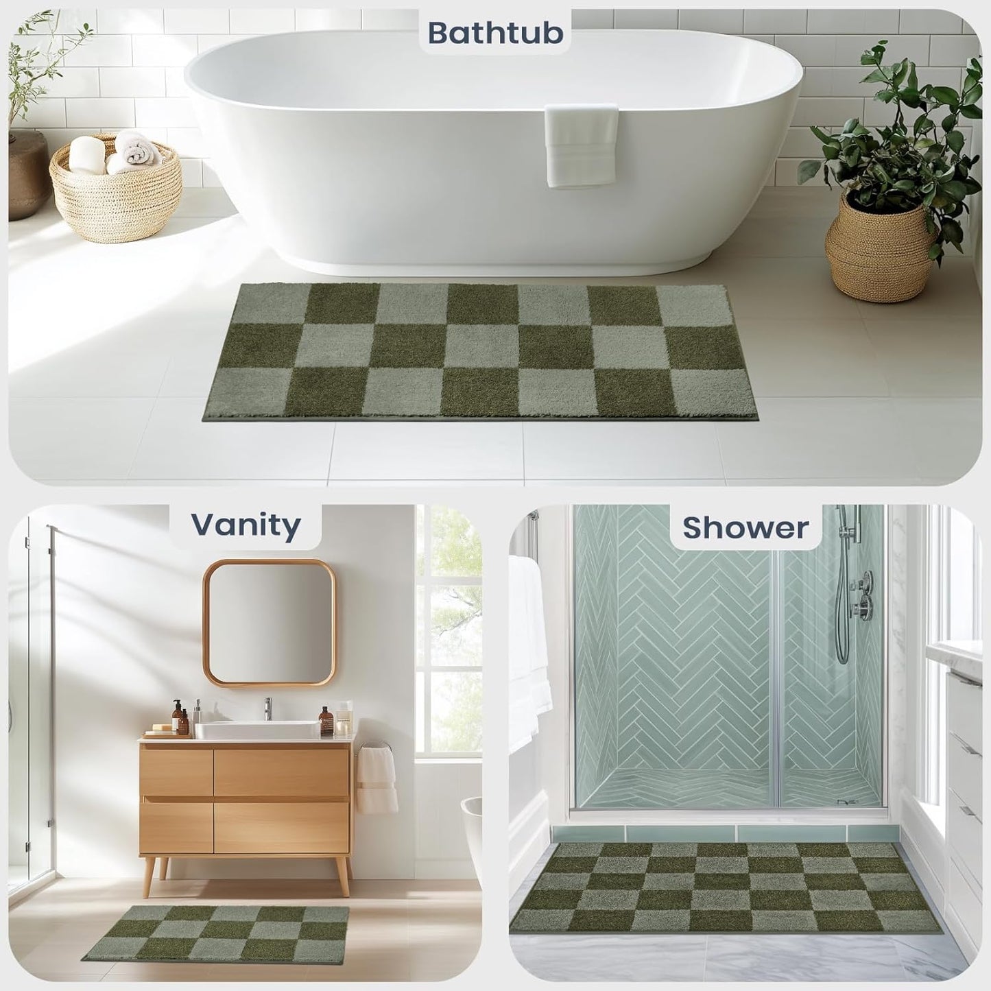 PURRUGS Bathroom Rug Non-Slip Machine Washable 30" x 60", Super Absorbent and Quick-Dry Bath Mat, Extra Soft and Plush Bath Rug for Shower, Bathtub and Sink, Sage Green & Olive Green