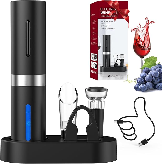 CIRCLE JOY Electric Wine Bottle Opener Set - Rechargeable Cordless Wine Corkscrew with Charging Base, Foil Cutter, Aerator Pourer and Stopper