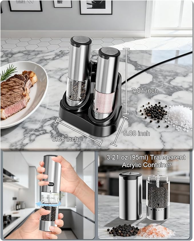 Electric Salt and Pepper Grinder Set | 6-Grind Settings & Top Anti-Misoperation Design | Electric Salt and Pepper Shakers with Detachable Base & Visual Container | for Kitchen, BBQ etc