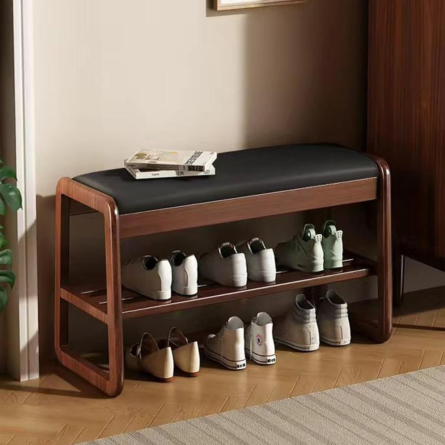 Wooden Shoe Storage Bench with Padded Top Cushion, Two-Tier Wooden Shoe Rack, Suitable for Bedrooms and Living Rooms, Black Walnut(31.5'')