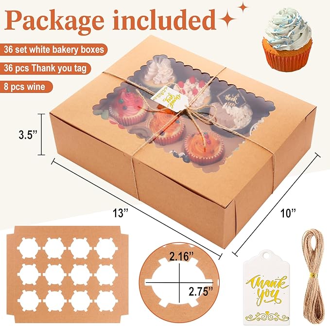 36 Pack Cupcake Boxes Hold 12 Count Christmas Disposable Cupcake Containers with Window and Insert Cake Carrier with Thanks Card and Jute Rope to Muffins Cupcakes Cookies Gift Wrapping(Nature)
