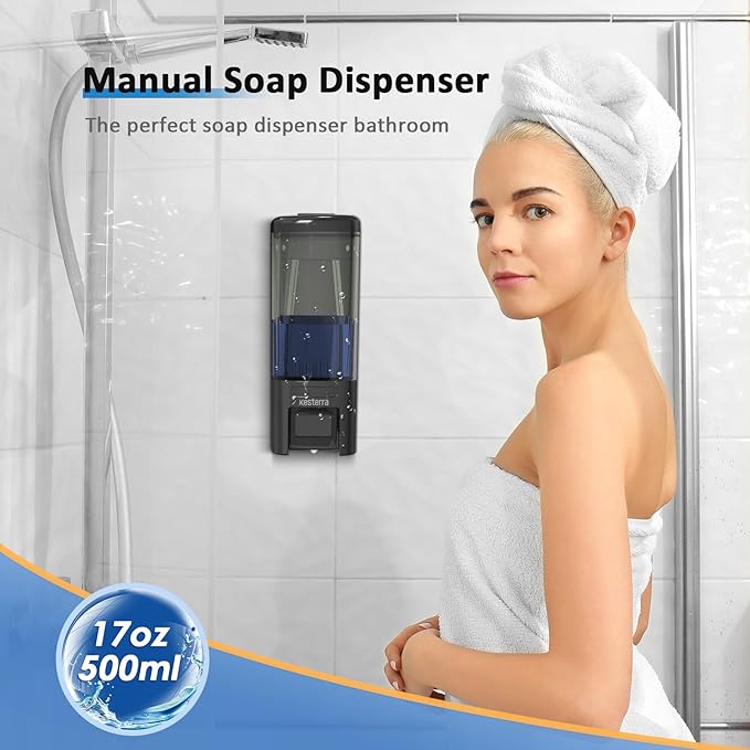 Manual Soap Dispenser, 17oz/500ml Wall Mount Soap Pump, Large Capacity Kitchen Bathroom Hand Soap Dispenser, Commercial Refillable Shampoo Shower Gel Lotion Dispenser, Black