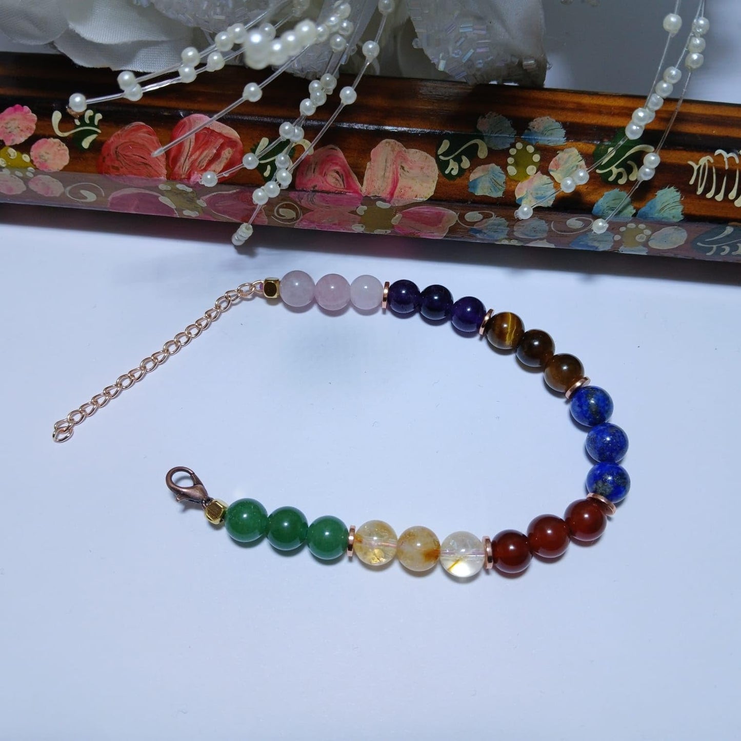 7 Chakra Bracelet (Tiger's Eye, Citrine, Aventurin, Amethyst, Lapis Lazuri, Quartz, Red Jasper, Ring Hematit) Adjustable Chain & Elastic Cord Beaded Bracelet (Durable and Comfortable)