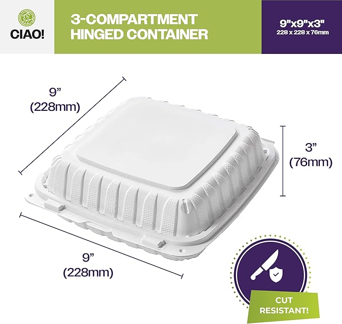 CIAO! 9"x9"x3" MFPP White Hinged Container With Lid 3 Compartment (Case of 150)