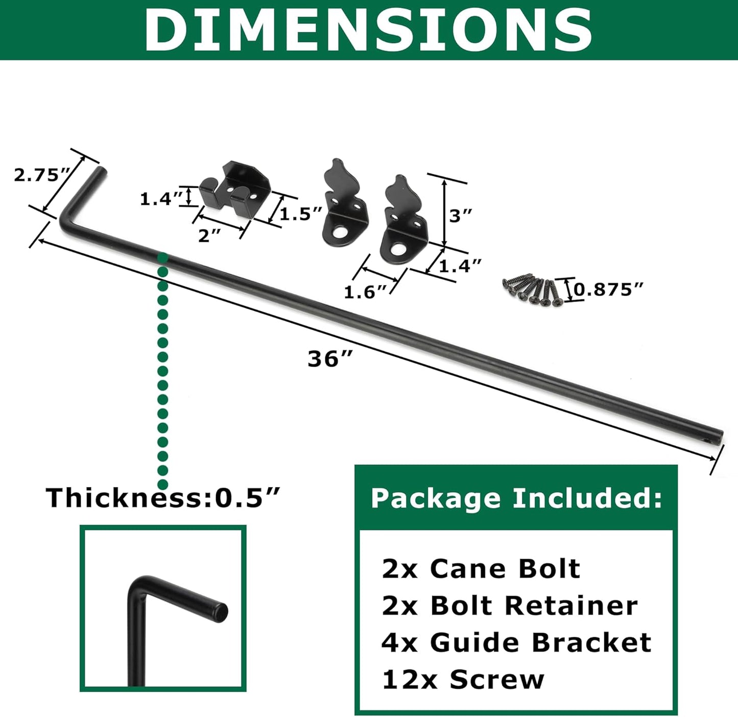 36" Heavy Duty Cane Bolt, Double Gate Latch with Black Finish, 2 Way Gate Drop Rod for Wood PVC Vinyl Metal Fences Gates, Double Doors-2 Pack