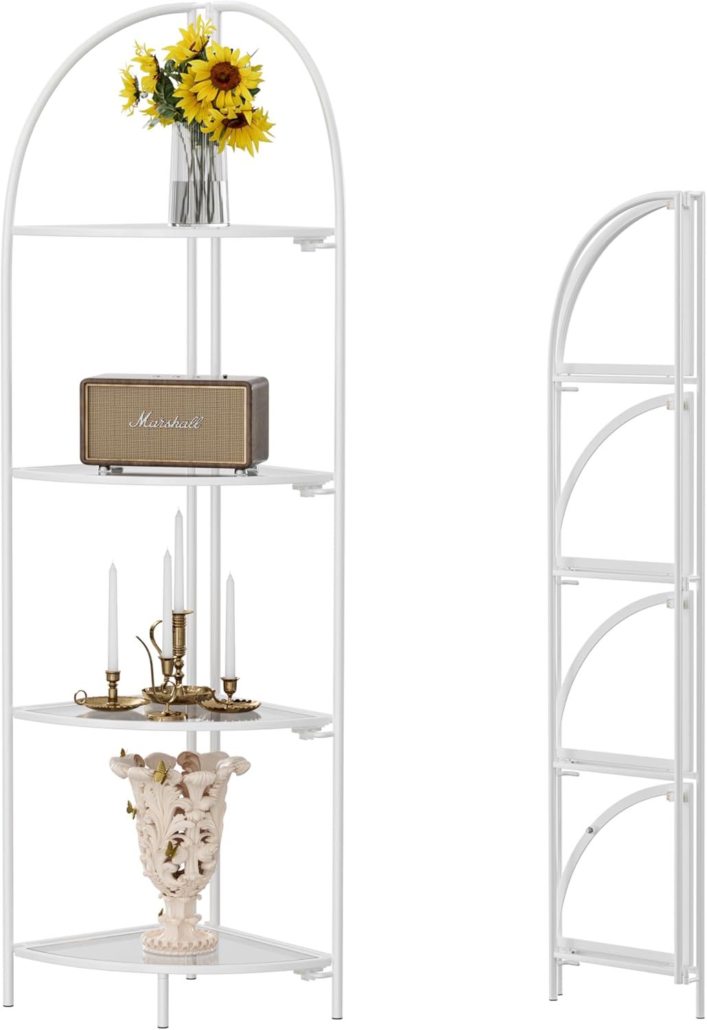 Crofy Foldable 4 Tier Corner Shelf, Metal Corner Plant Stand with White Frame and Transparent Shelves, Corner Display Rack Multipurpose Shelving Unit for Living Room, Bedroom, Bathroom
