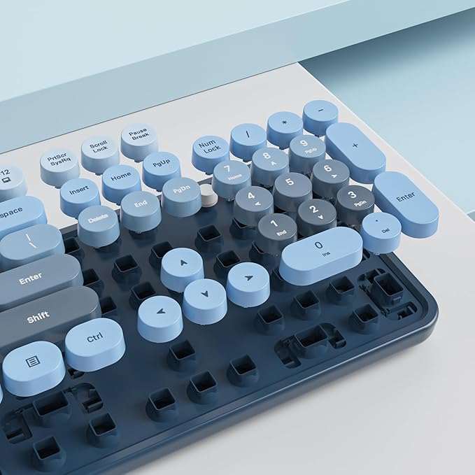 Owpkeenthy Retro Keyboard and Mouse Wireless, Cute Colorful Keyboard with Retro Typewriter Style Full-Sized with Number Pad Round Keys for Desktop, Laptop and Computerr (Gradient Blue)