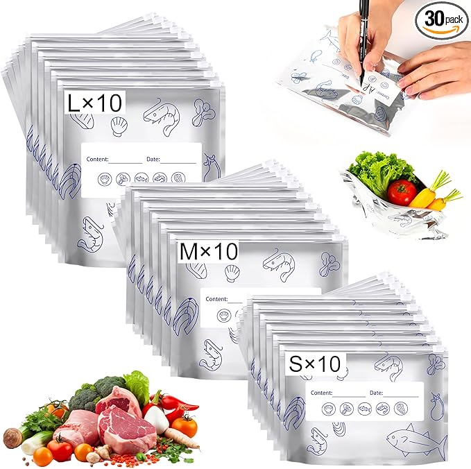 Reusable Aluminum Foil Sealable Storage Bags, Thicken Stand Up Foil Sealable Bags with Label and Zip Lock,Aluminum Foil Bags Food Storage for Vegetables Fruits Meat Seafood & Meal Prep(30Pcs/3 Sizes)