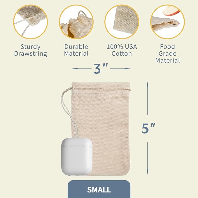 Celestial Gifts Muslin Bags - Drawstring Bags Small 25pcs - 3x5, Reusable Tea Bags, Jewelry Gift, Spice and Cotton Gift Sachet Bags - 100% Cotton - Made in USA - (Natural Hem & Drawstring)