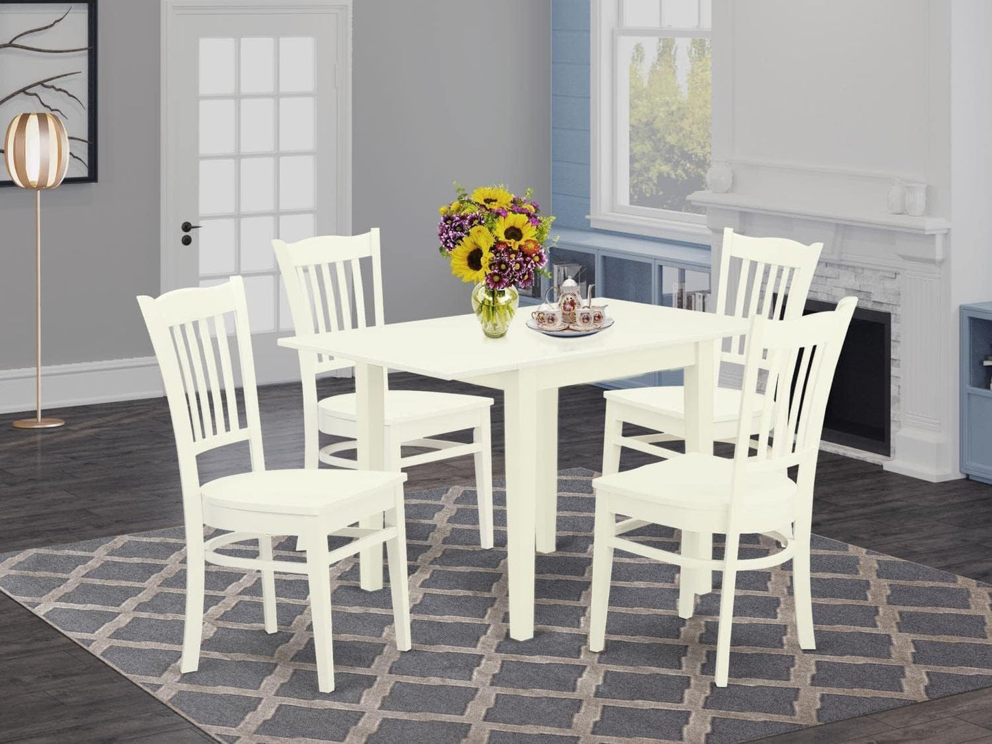 East West Furniture NDGR5-LWH-W 5 Piece Dining Room Furniture Set Includes a Rectangle Kitchen Table with Dropleaf and 4 Dining Chairs, 30x48 Inch, Linen White