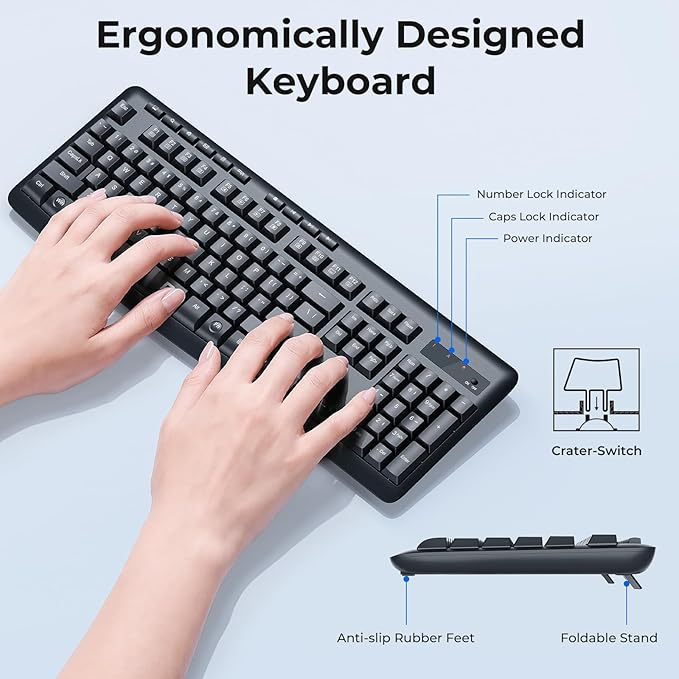 Redragon Wireless Keyboard and Mouse Combo, 2.4G Full-Sized Ergonomic Computer Keyboard and 5 Level DPI Adjustable Wireless Mouse for Windows, Mac OS Desktop/Laptop/PC, BS-7367-B