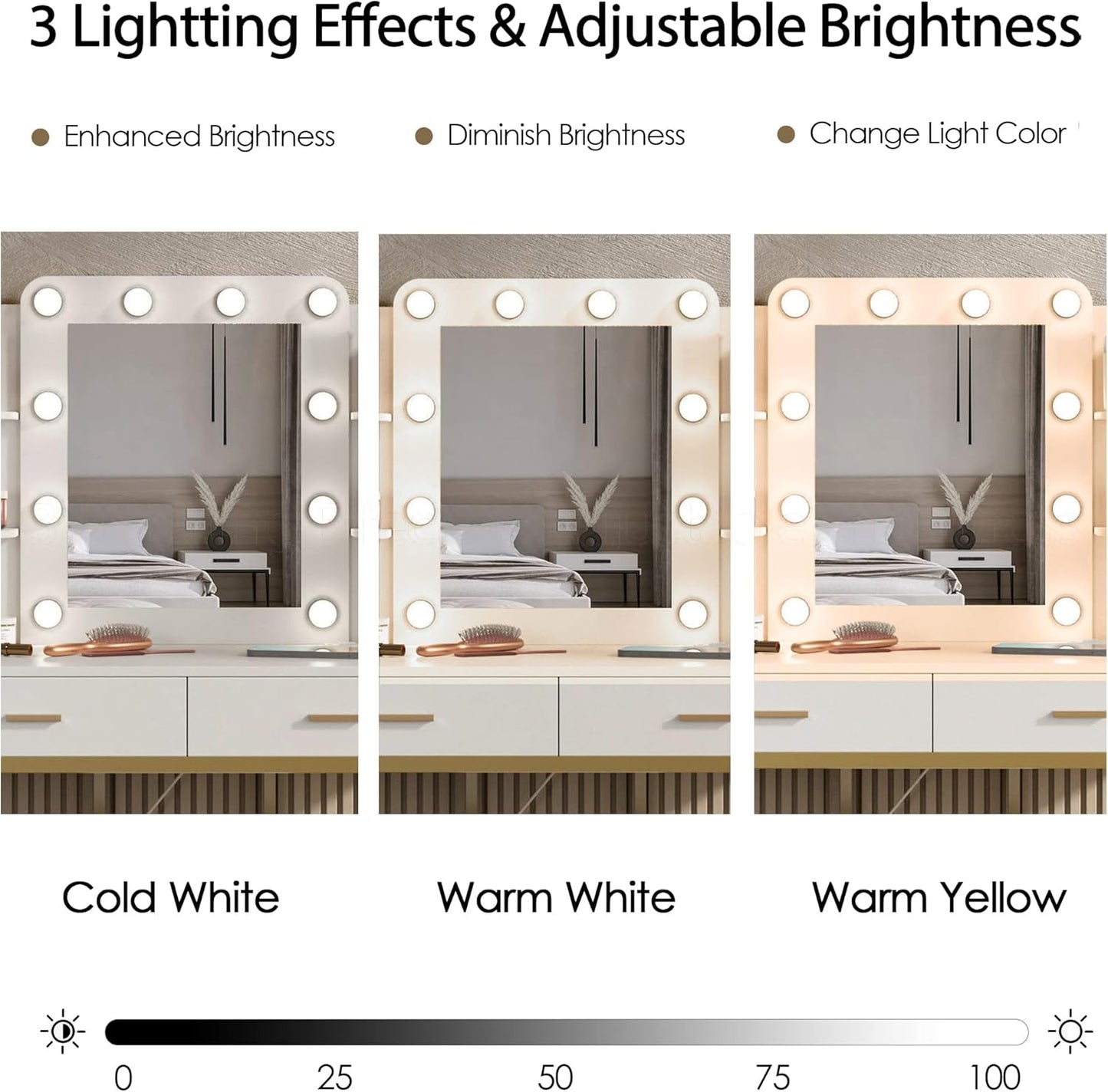 Vabches Vanity Desk with Mirror and Lights, with Charging Station,Makeup Vanity Table Set with Lighted Mirror, with 3 Lighting Modes and 2 Drawers&Cushioned Stool for Bedroom