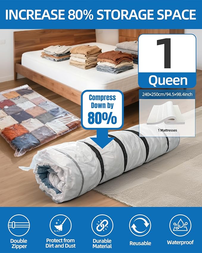 Vacuum Storage Bags, Vacuum Seal Bags for Foam Mattress,Clothing & Bedding, Space Saver Bags for Organization and Storage(1 Queen/Full/Full-XL)