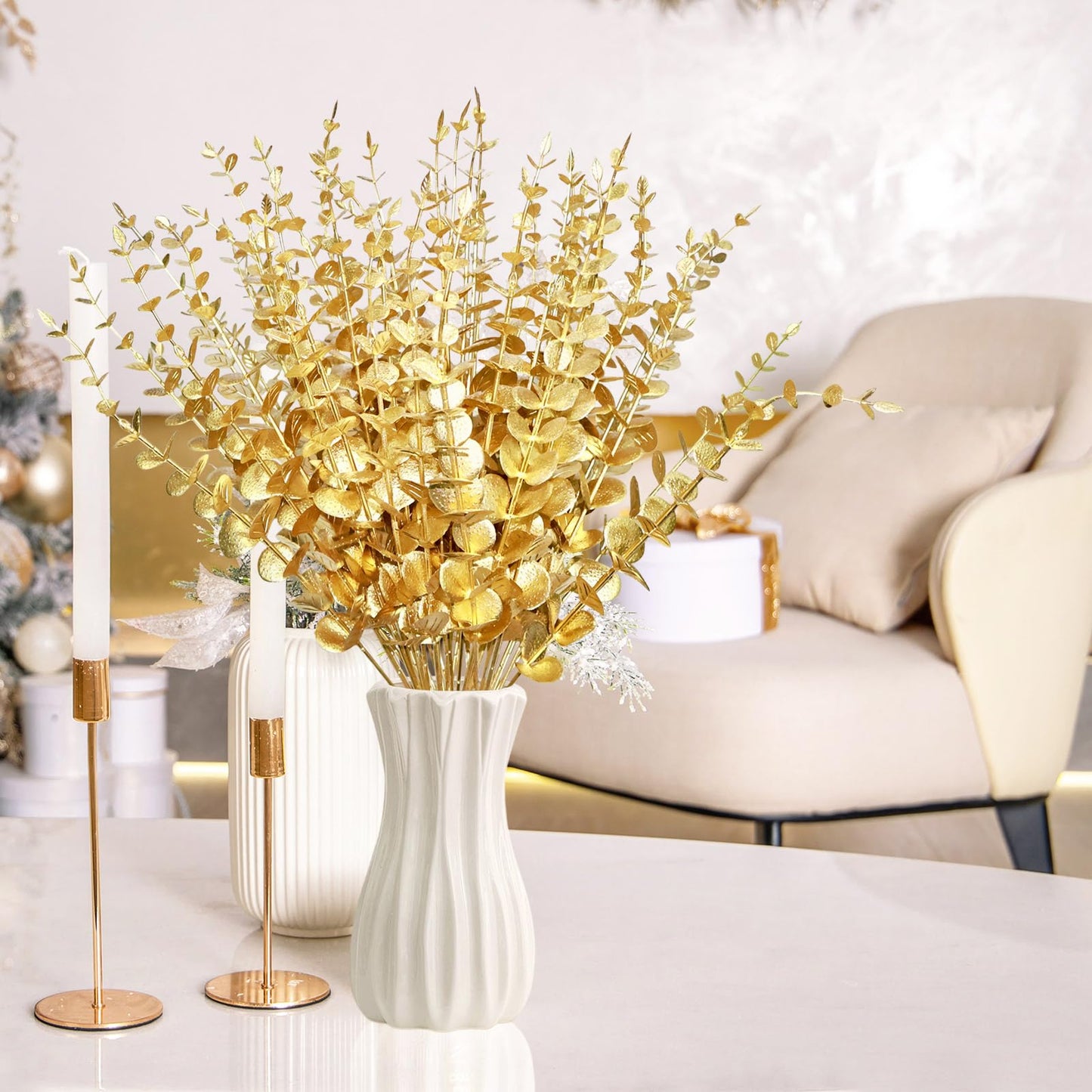 ABYCZFCD 50 Pcs Gold Flowers Gold Eucalyptus Leaves Stems 15'' Faux Eucalyptus Leaves Decor Fake for Wedding Party Bouquet House Home Farmhouse Vase DIY Craft