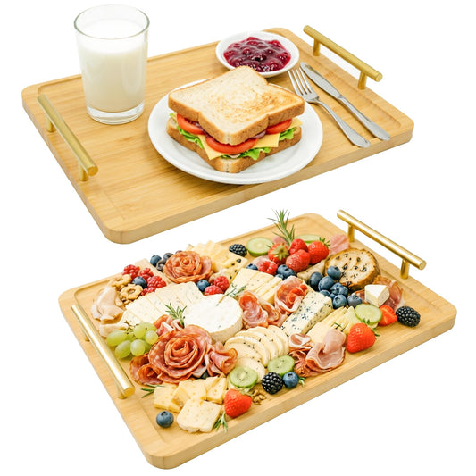 HAUSMODA 2 Pack Bamboo Serving Tray with Metal Handles, 15.8×11.4“ Solid Wooden Tray for Food, Rectangular Decorative Tray for Ottoman, Coffee Table, Living Room, Bathroom, Party
