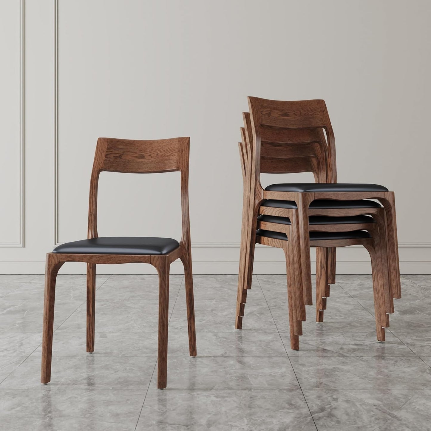 Manhattan Comfort Moderno Stackable Dining Chairs with Leatherette Upholstered Seat, Foam Padding & Solid Wood Frame, Suitable for Kitchen or Restaurant Usage, Set of 4, Black