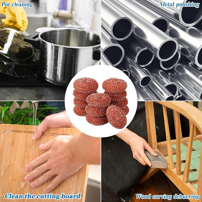 PRETYZOOM 12pcs Stainless Steel Pot Scrubber Set Copper Coated Kitchen Cleaning Pads Metal Sponge for Dishes Pans Stovetops and Grills