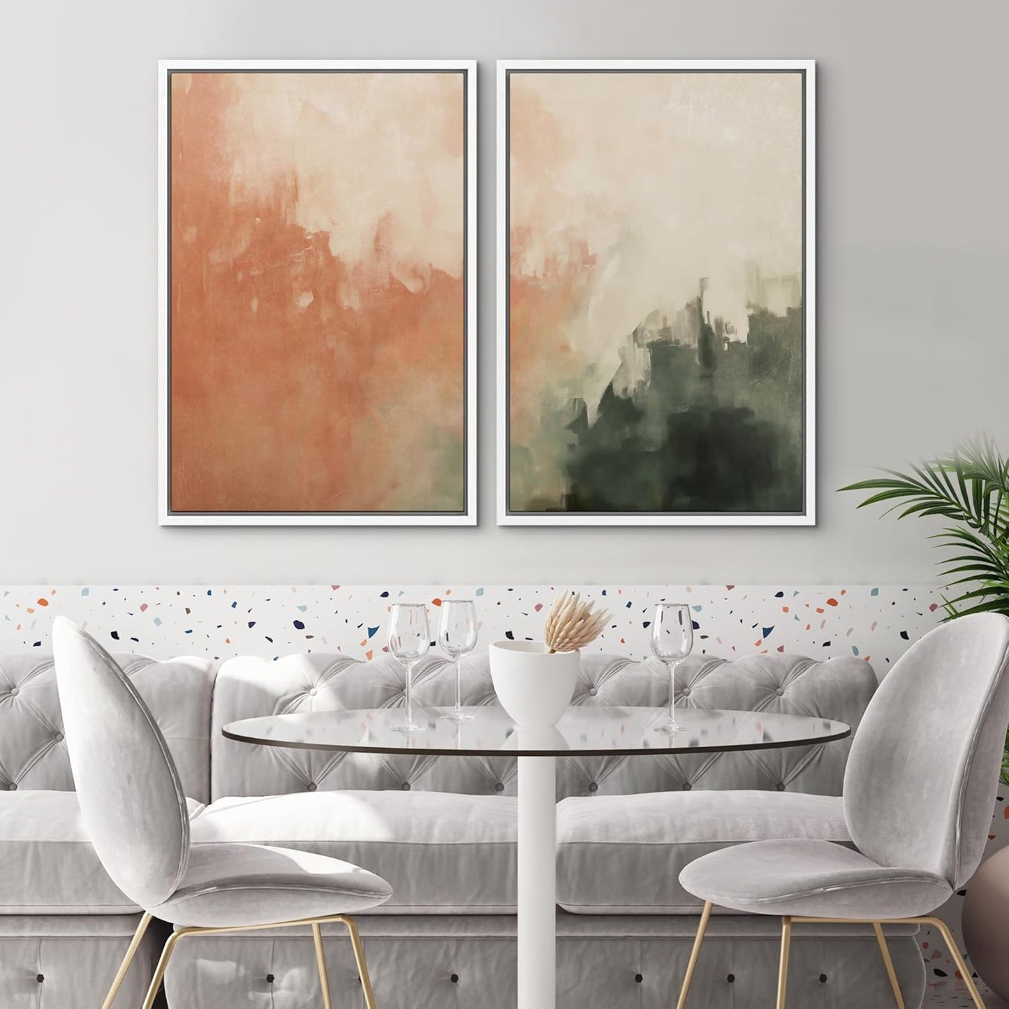 SIGNWIN Framed Canvas Print Wall Art Set Color Fade Abstract Landscape Earthy Terracotta and Forest Green Illustrations Modern Minimal Decorative for Living Room, Bedroom, Office - 24"x36"x2 White