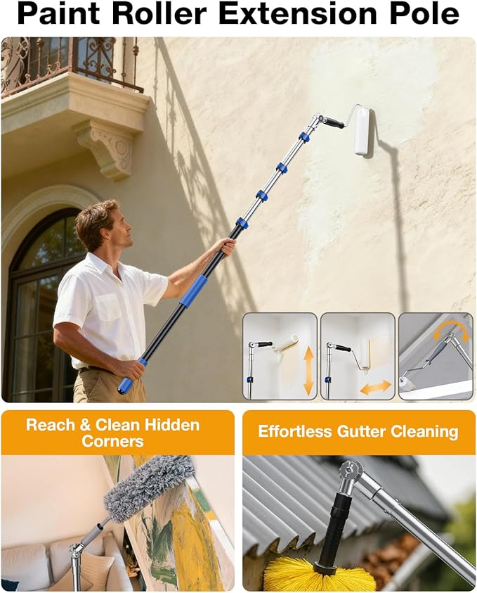 Telescoping Pole, 5-20 Ft with Joint Angle & Squeegee Adaptor, Aluminum Telescopic Paint Roller Extension Pole & Extendable Pole, Anti-Slip Foam Grip, Multi-Purpose Gutter Window Dust Cleaning Pole
