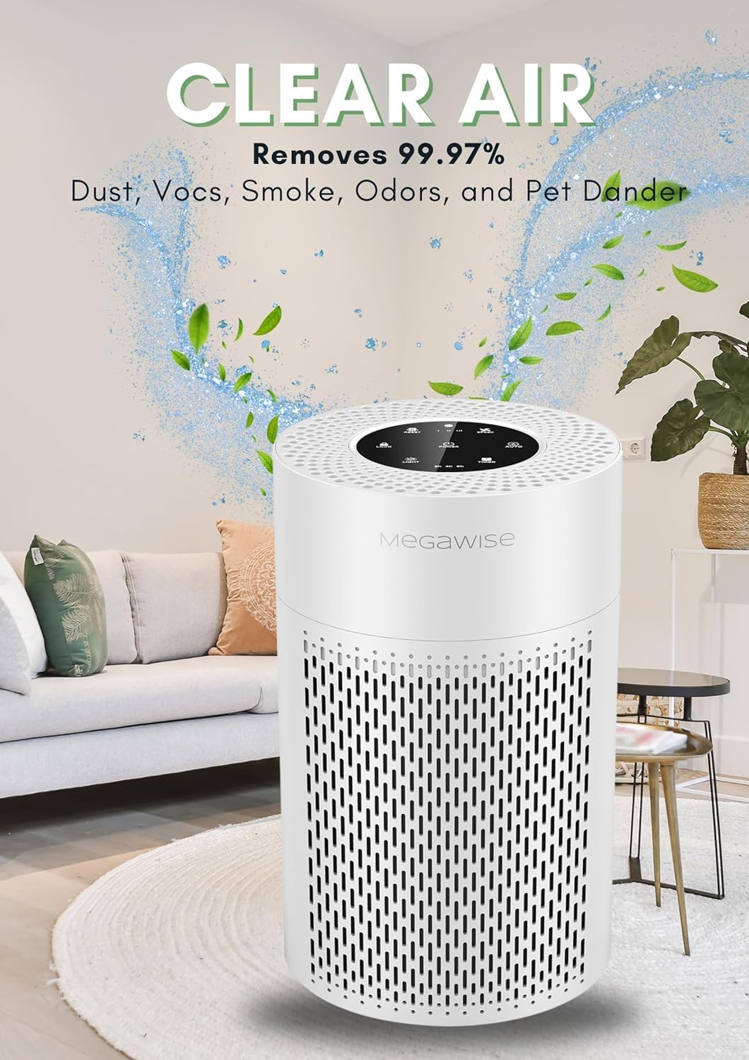 Megawise 2025 Updated Version Smart Air Purifier For Home Large Room Up To 1076Ft, H13 True Hepa Filter With Smart Air Quality S