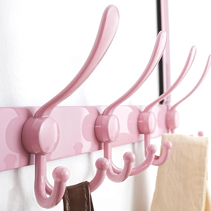 Dseap Over The Door Hook Hanger - 5 Tri Hooks, Heavy Duty Over The Door Towel Rack Coat Rack for Clothes Hat Towel, Pink