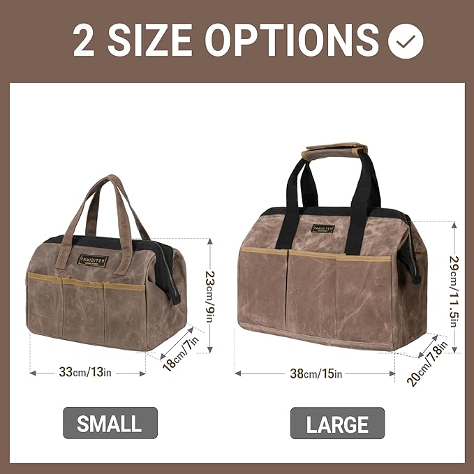 Tool Bag, 13-inch Heavy Duty 16oz Waxed Canvas Wide Mouth Water-Resistant Tool Bag, Tool Tote with Handle for Tools, Wrenches, Screwdrivers (13 X 7 X 9 inch) | Grey