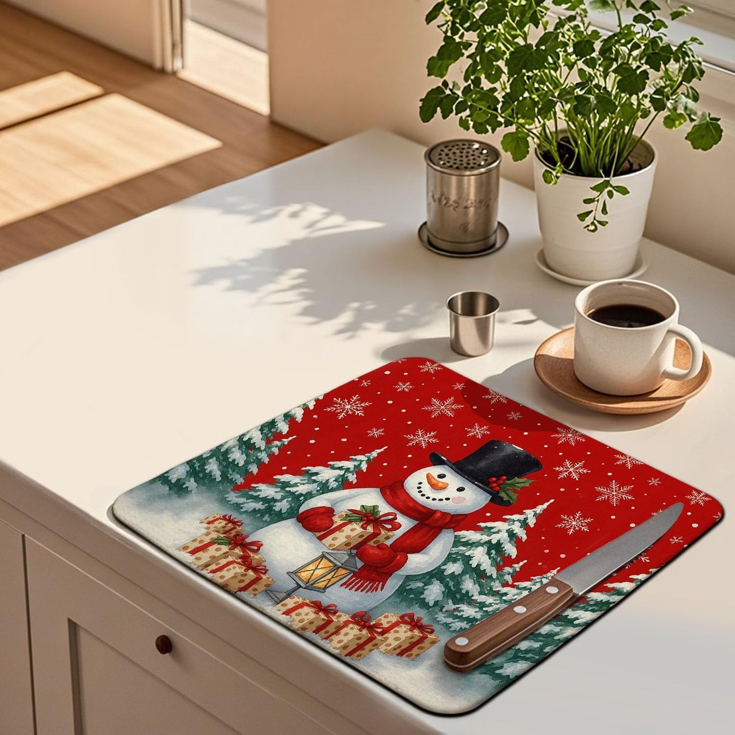 Red Christmas Drying Mat for Kitchen Counter 16" X 18" Christmas Dish Drying Mat for Kitchen Decor Snowman Xmas Drying Mats For Home Counter Drying Mats For Dishes Dish Mat Drying Mat