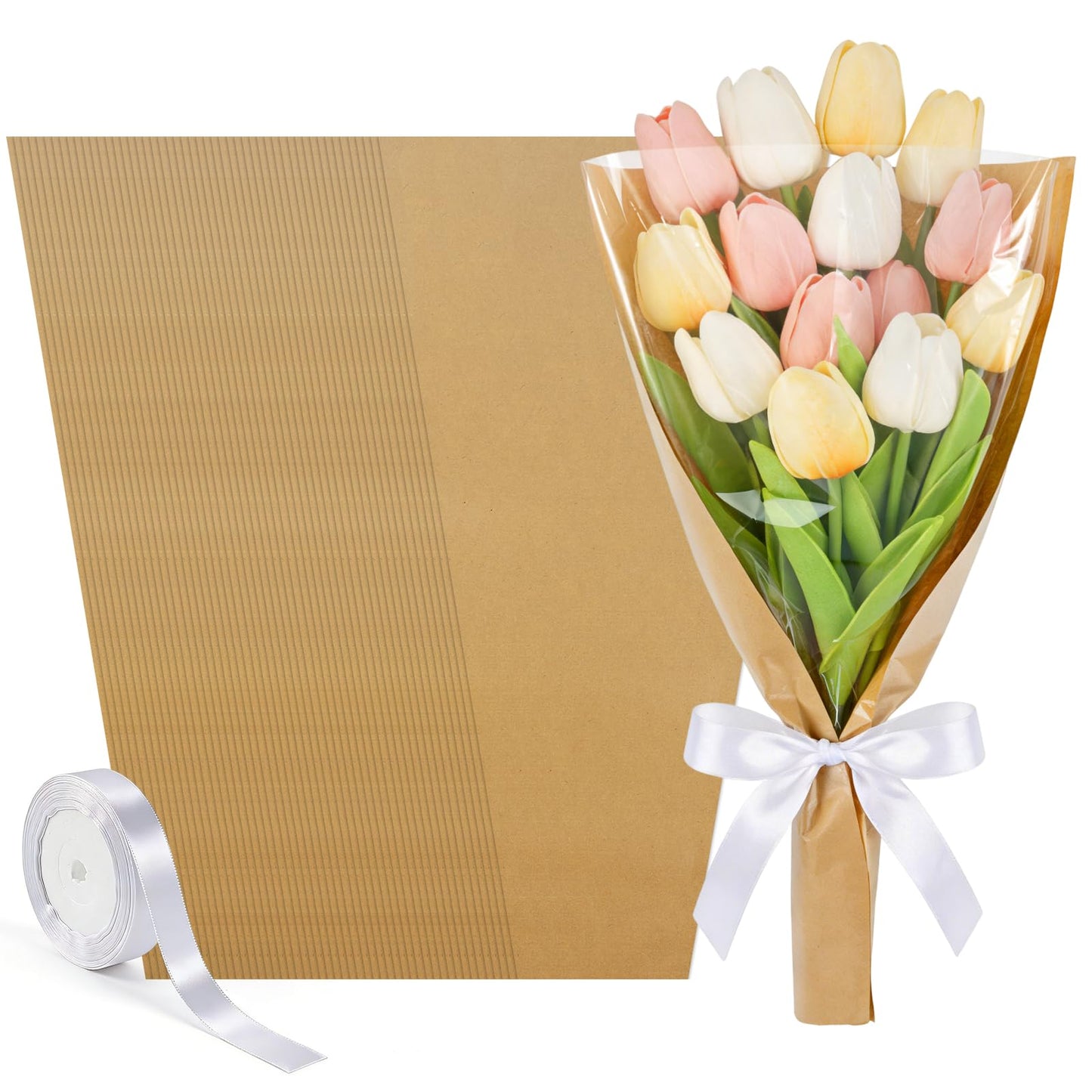 50 PCS Flower Wrapping Paper Sleeves for Bouquets, Kraft Bouquet Bags with Ribbons, Bulk Flower Sleeves for Mother’s Day Wedding Graduation Valentine, Florist Packaging Supplies, 17.7 x 9.4 x 3.5 Inches