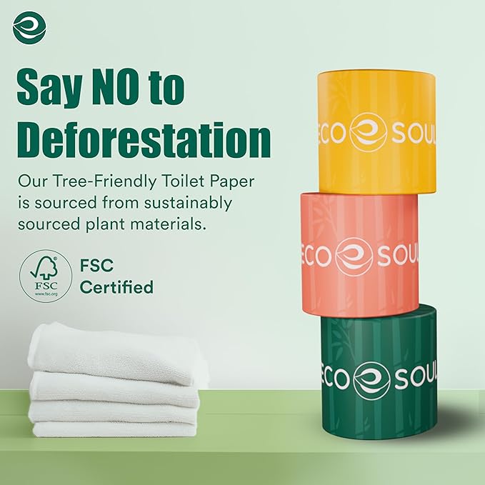 ECO SOUL Bamboo Toilet Paper 12 Mega Rolls 3 Ply, 300 Sheets per Roll | Eco-Friendly Septic Safe Organic Bath Tissues Sustainable Toilet Paper Compostable - FSC Certified