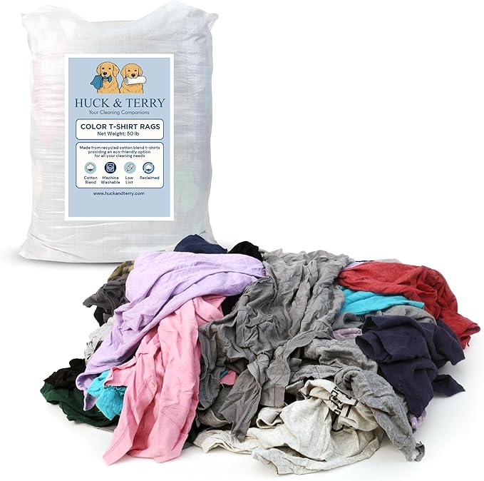 Huck & Terry Tshirt Bag of Rags Multicolored (50LB), Cotton Blend, Paint Cloth and Multipurpose, Kitchen, Auto, Staining Rags, Lint Free Absorbent Washable 18 x 18 in (50 LBS Bag)