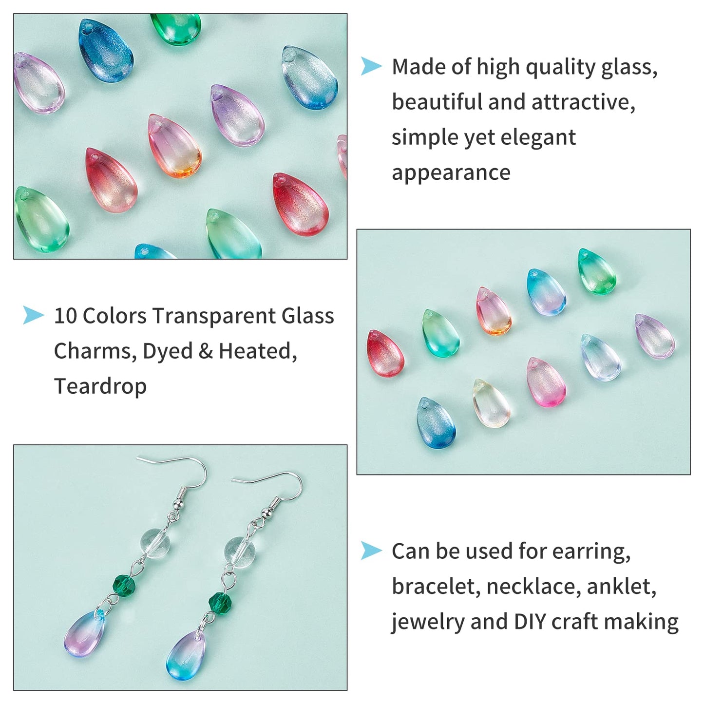 PH PandaHall Teardrop Crystal Beads, 200pcs 10 Color Water Drop Crystal Glass Beads Transparent Loose Beads Colorful Charms Pendants for DIY Crafts Earring Jewelry Making Costume Embellishments