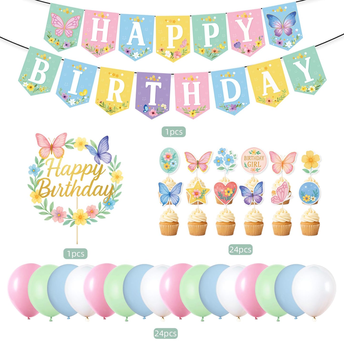 Butterfly Birthday Party Decorations for Girls Women, Spring Birthday Party Decorations - Pastel Spring Happy Birthday Banner, 24 Balloons, Butterfly Cake Topper & 24 Cupcake Toppers