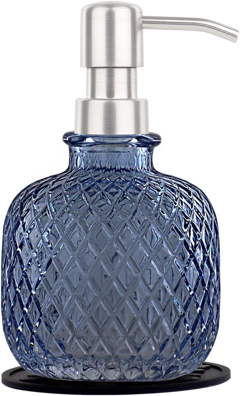 Soap Dispensers with Silicone Mat, for Kitchen and Bathroom Contertop Wash Hand Liquid, Dish Detergent, Farmhouse Style Shampoo Lotion Pump (1, Blue Glass with Silver, 3-1/2" x 3-1/2" x 6-1/4")