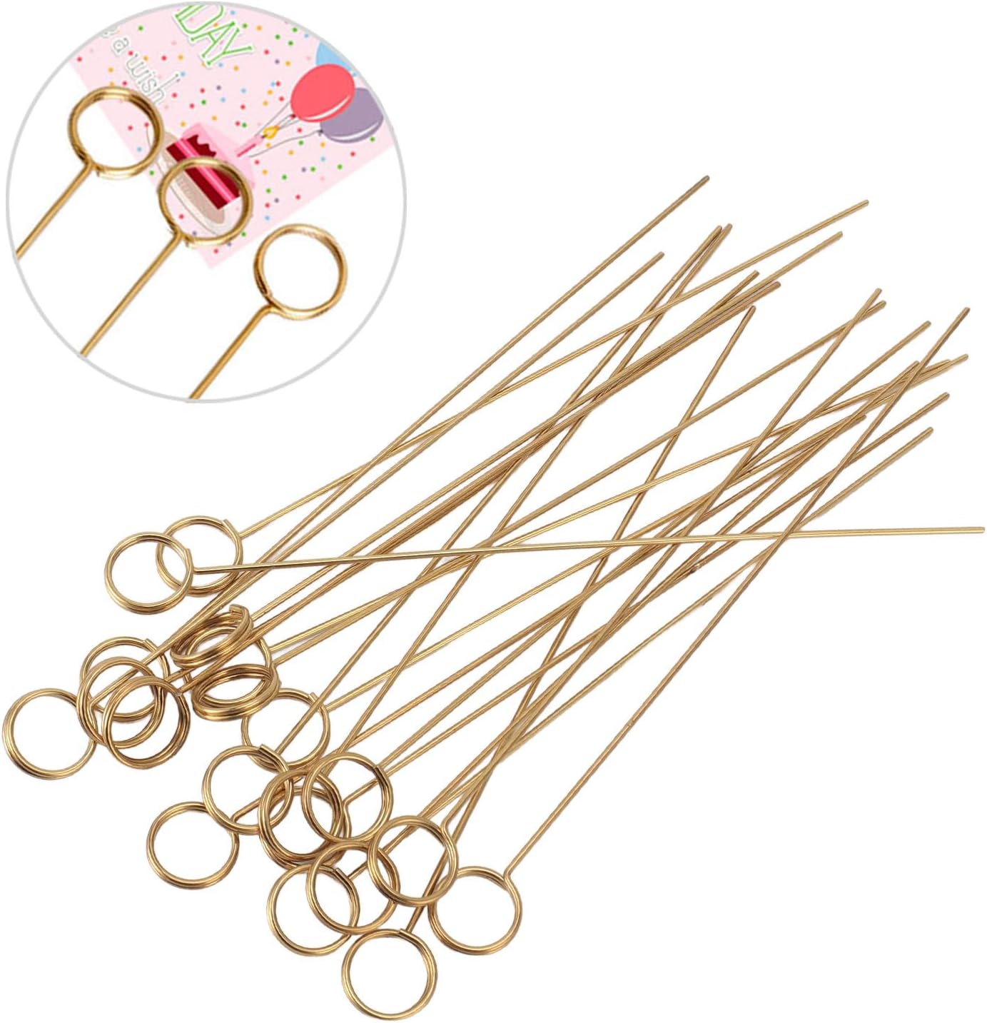 50Pcs Gold Metal Wire Card Holder, 6in Photo Memo Clips, Reusable Floral Picks Clips for Wedding Party Birthday Cake, Place Card Holder for Flower Arrangement (Round)