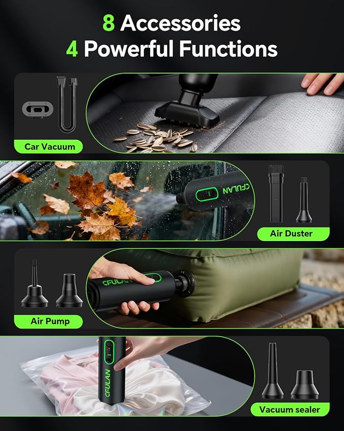 Car Vacuum Portable Cordless, 21KPa 4-in-1 Handheld Mini Vacuum Cleaner with 8 Attachments, 3 Suction Modes, One-Touch Empty, Type-C Charge, Hand Vacuum for Car, Home, Keyboard, Small Job
