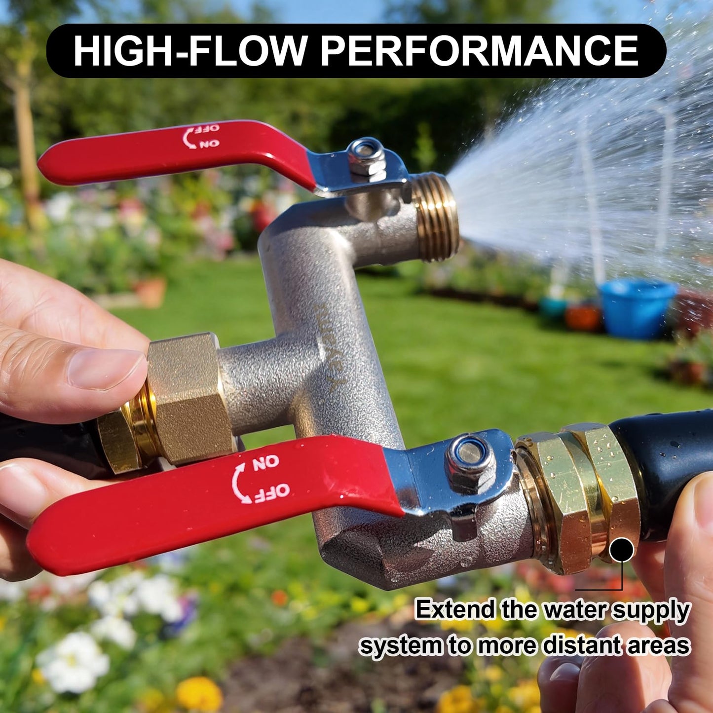 Yayamz Garden Hose Splitter, 3/4” Rust and Freeze Resistant Outdoor Hose Manifold with 2 Red Extra Long Handles Faucet Adapter-Heavy Duty Brass Nickel Plated 2-Way Valve