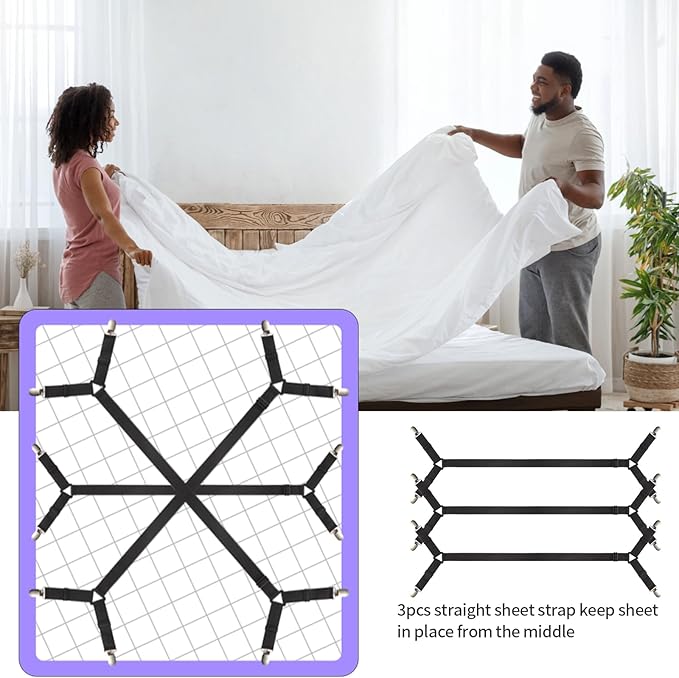 Bed Sheet Straps,3 PCS Secure and Sheet Holder Straps for Full Size Beds,Adjustable Crisscross Fitted Sheet Clips,Black