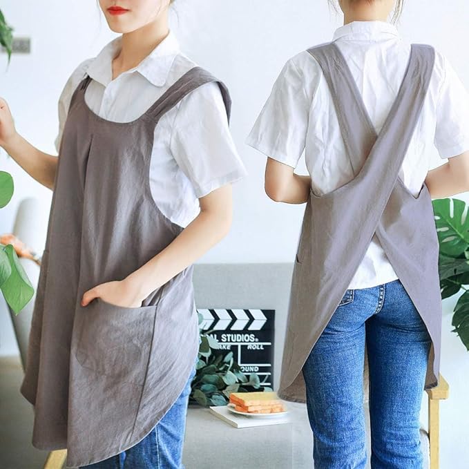 Japanese Style Linen Cotton Cross Back Pinafore Apron with Pockets for Women Ladies Men Chef Kitchen Cooking Baking