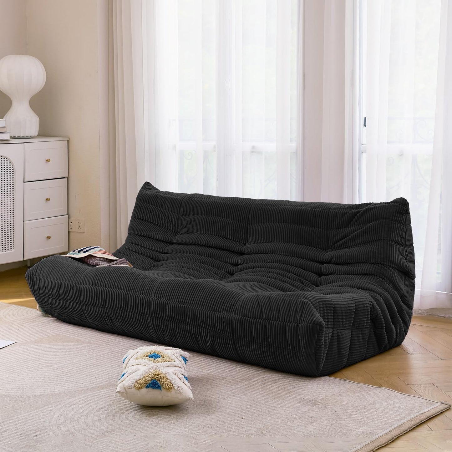 N&V Fireside Three Seater Sofa, Mid Century Armless Twin Size Floor Sofa, Soft Premium Corduroy Floor Lounge Chair, Foam Sofa Accent Chair for Living Room, Bedroom (Black)