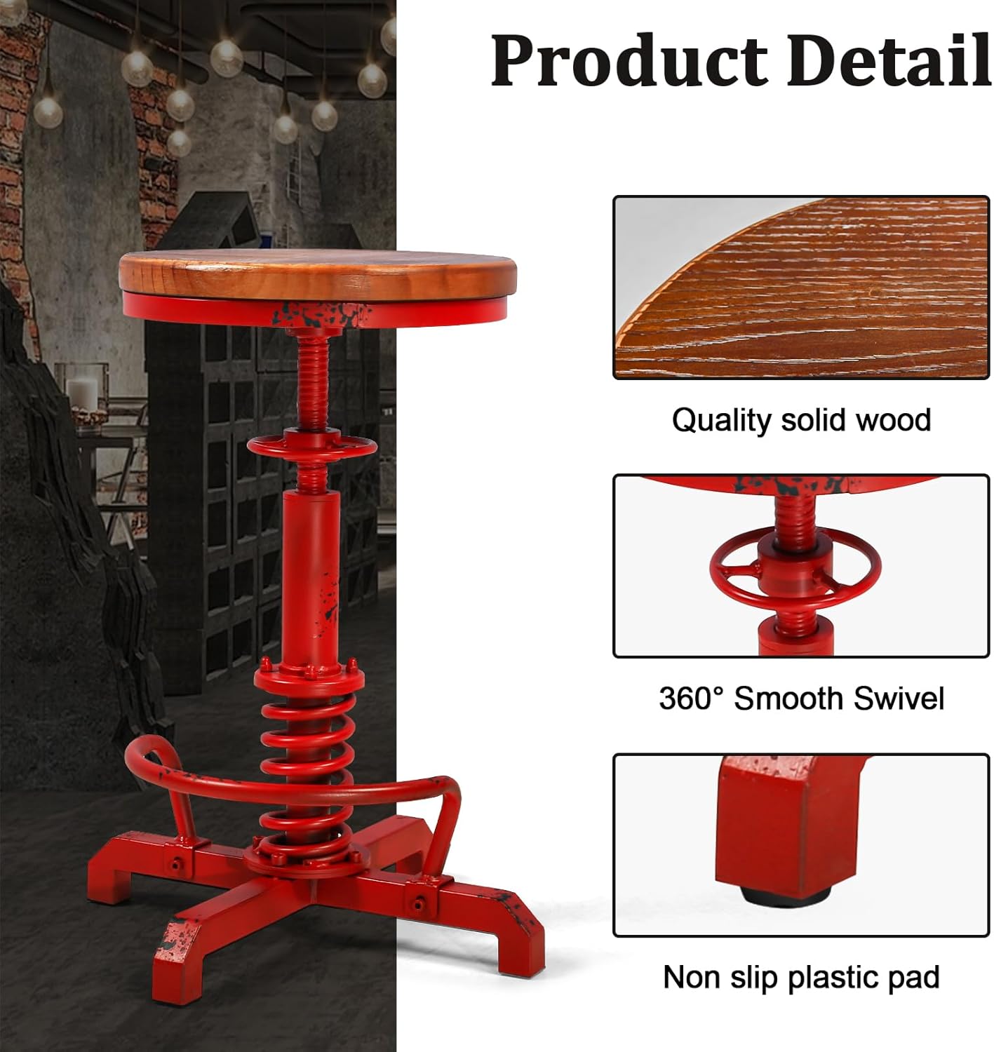 4-Piece American Antique Steampunk Bar Stool 24.41"-28.35" Vintage Industrial Adjustable Swivel Backless Counter Stool for Home, Dining, Breakfast, Pub, (Heavy Duty Metal & Wood, Aged Red, Brown Top)