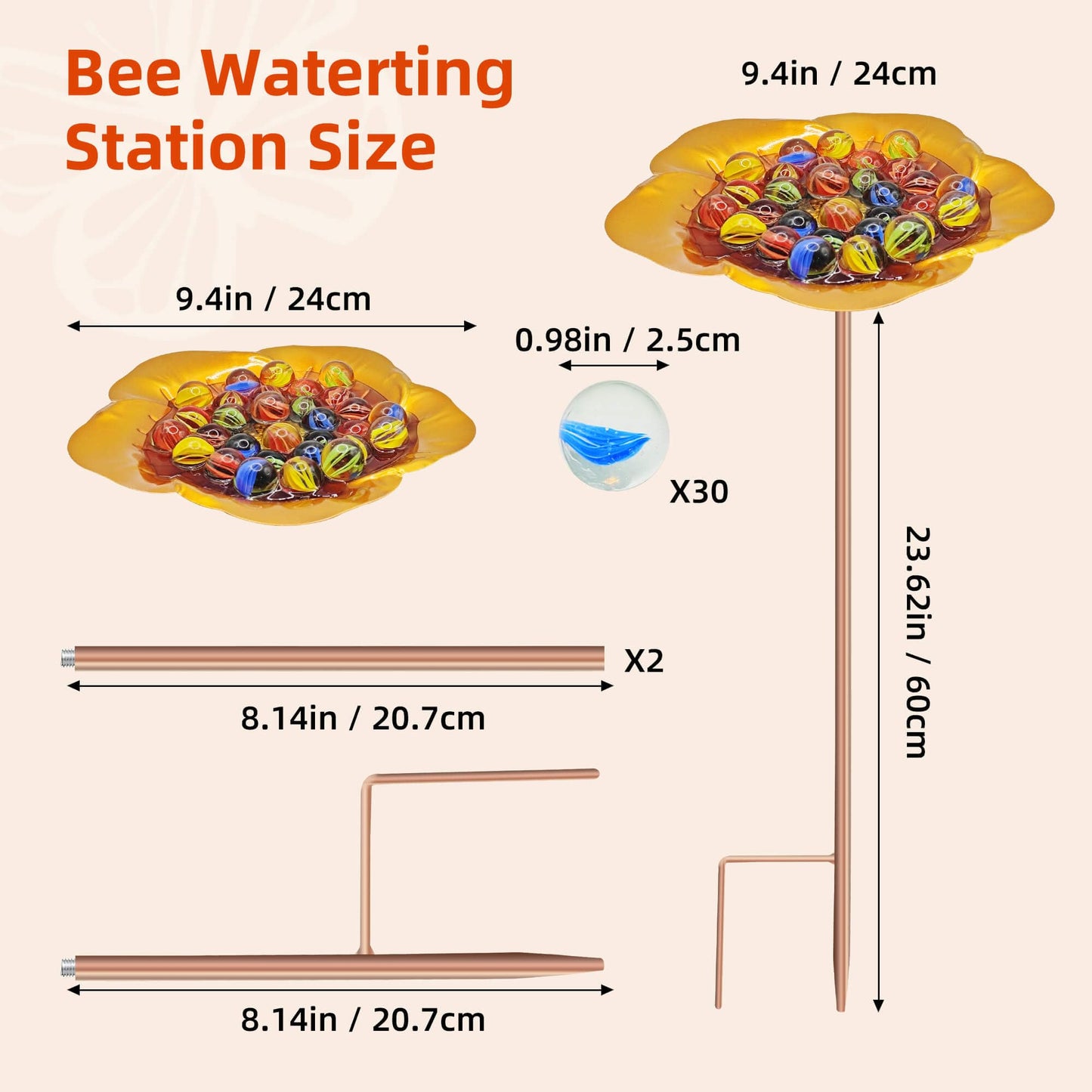 Large Bee Watering Station-Golden Butterfly Puddler Bee Bath & Feeder with Metal Stakes - 30 Glass Marbles, Vivid Flower Design, Garden Yard Decor (Golden-2PACK)