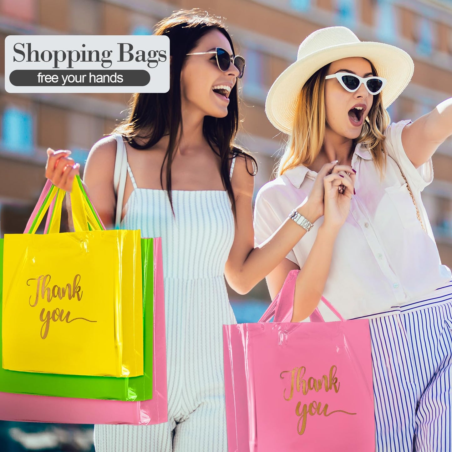Teling 200 Pcs Thanks Bags with Handle Bulk Thank You Merchandise Bags 3 Size Plastic Packet Retail Shopping Package for Boutique 9 x 12'', 12 x 15'', 15 x 18'' (Pink, Green, Yellow)