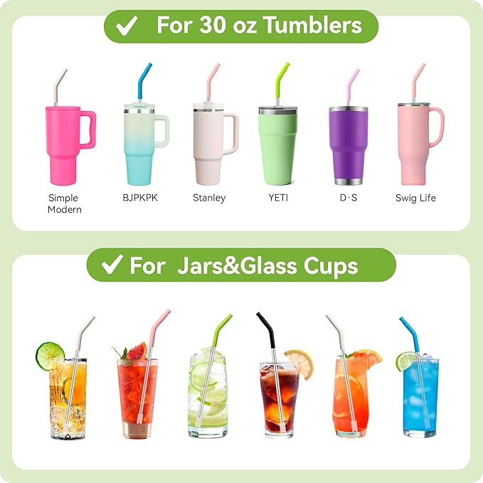 Metal Straw Reusable for Stanley 30 OZ Tumbler, 2 Pcs 11″ Long Stainless Steel Drinking Straws with Silicone Tip for STANLEY Quencher 30 oz Cups,1 Straw Brush,BPA Free Dishwasher Safe(Purplish Pink)