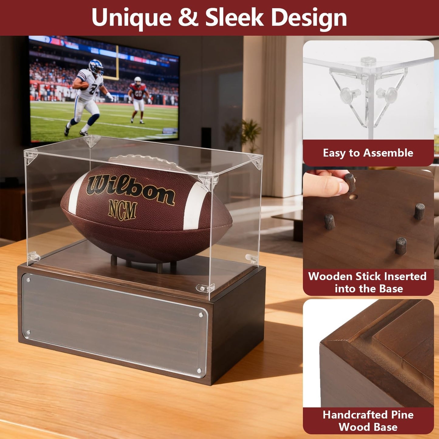 Football Display Case Stand with Solid Wood Base, Uv Protected Acrylic Rugby Case Display Clear Autographed Football Holder, Standard Memorabilia Keepsake Required Football Display Box