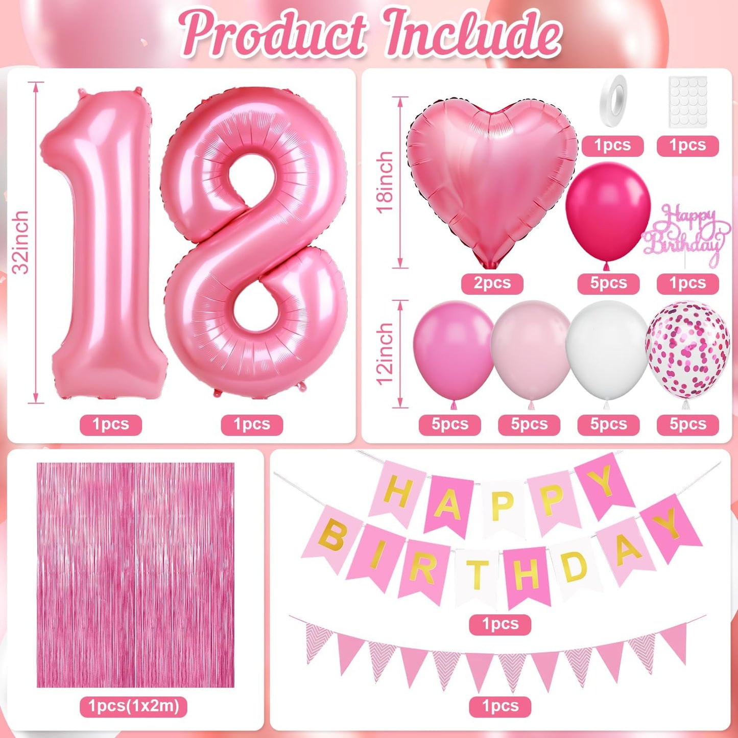 18th Birthday Decorations for Girls,Hot Pink 18th Birthday Balloons with Happy Birthday Banner Fringe Curtain Heart Foil Balloons for 18 Year Old Birthday Decor