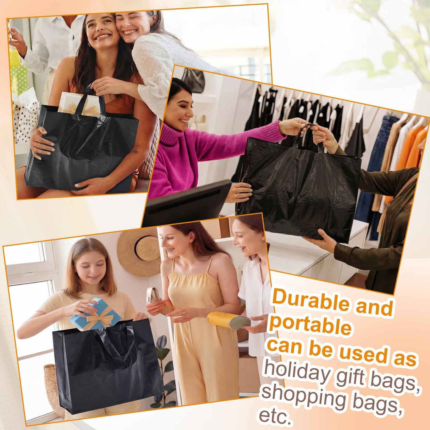 Klyyo Clyro 50 Pack 18 × 6 × 13.5 Inch Frosted Plastic Gift Bags with Handle Large Reusable Frosted Plastic Shopping Bags for Small Business, Boutiques, Retail, Wedding Party Favors (Black)