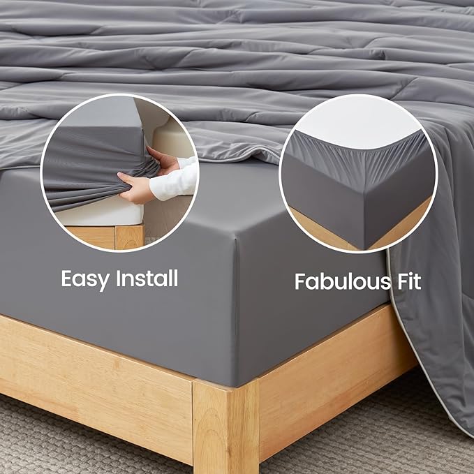 Cozy Bliss Premium Cooling Sheet Set King Size, Q-Max>0.4, 3PCS No Flat Sheet with 2 Pillowcases, Breathable Fitted Sheet for Hot Sleepers & Night Sweats, Deep Pocket Up to 18 Inches, Dark Grey