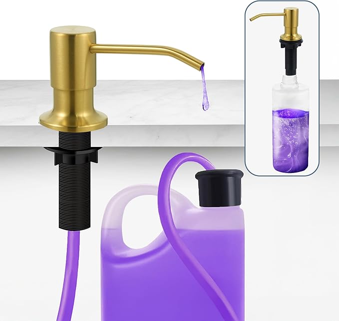 SBEN Built-in Kitchen Sink Soap Dispenser – Stainless Steel Pump, 17 oz Bottle and Extension Tube Kit 47", Upgraded Metal Check Valve, Countertop Hand Soap & Lotion Dispenser (Gold Brushed)
