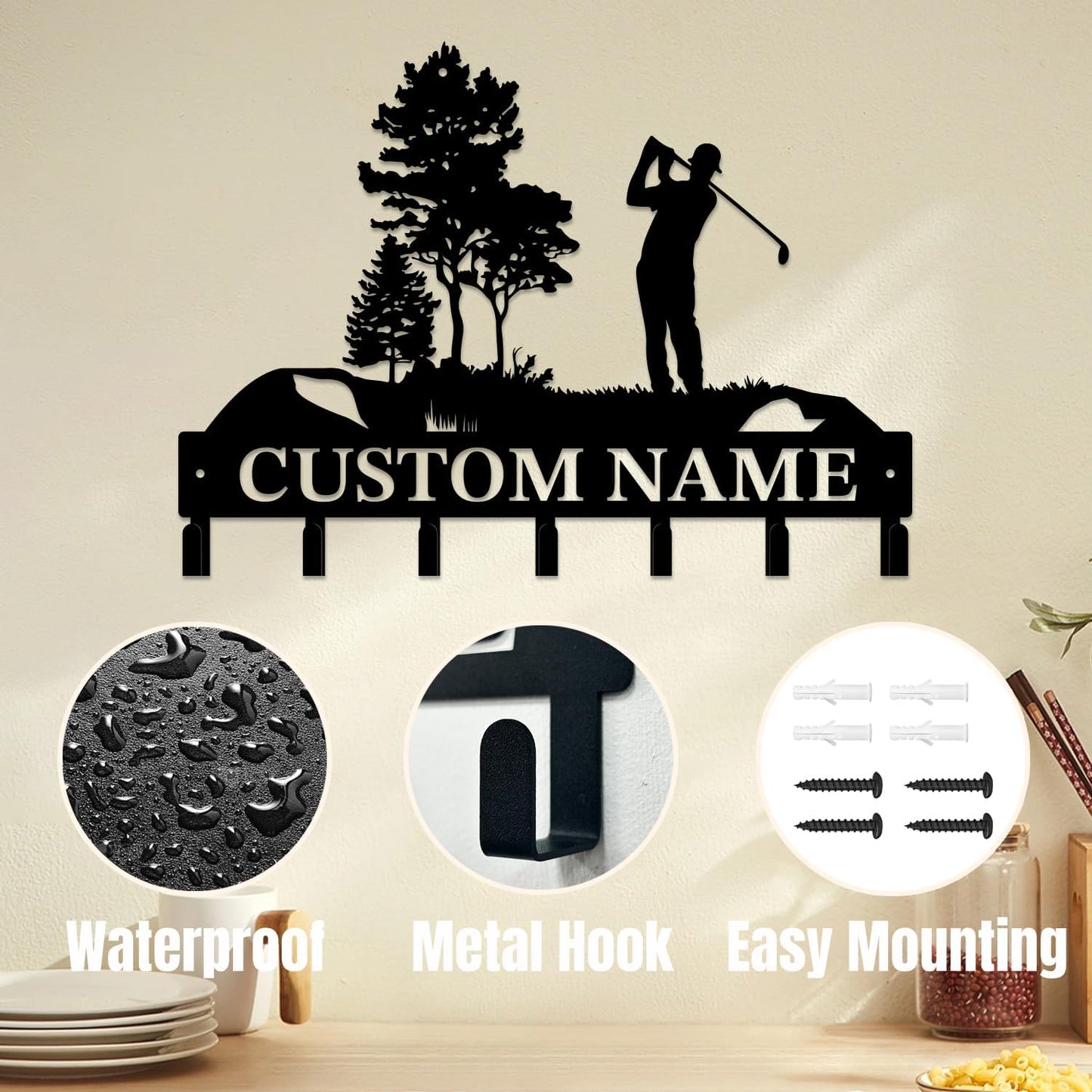 Personalized Custom Name Golf Ball Wall Keys Hooks,Metal Golf Art Clothes Hooks,Metal Golf Lover Wall Home Storage Decorative,For Front Door, Hallway, Kitchen, Bedroom,Keys,Hats (Style J)