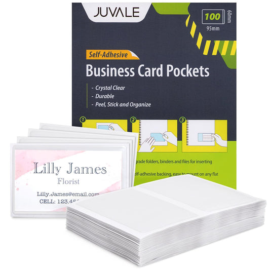 Juvale Business Card Holder Sleeves - Secure Adhesive Pockets - Index Card Holder for Notes - Storage Bin Labels & Clear Pocket Sleeves - Clear Plastic, 3.75 x 2 in, Pack of 100